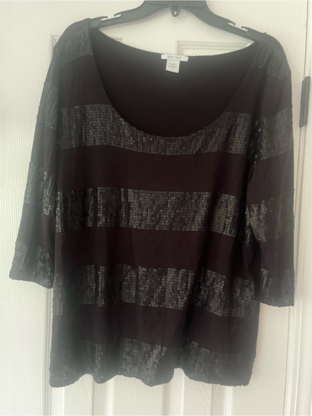 Joan Vass Black Sequin Striped 3/4 Long Sleeve Top